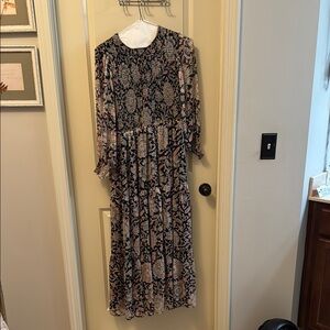 Boden Black and White Maxi Gown with Long Bishop Sleeves